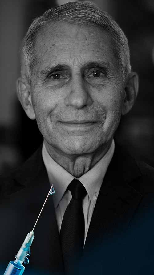 Black and white portrait of an elderly man in a suit, with a healthcare syringe in the foreground.