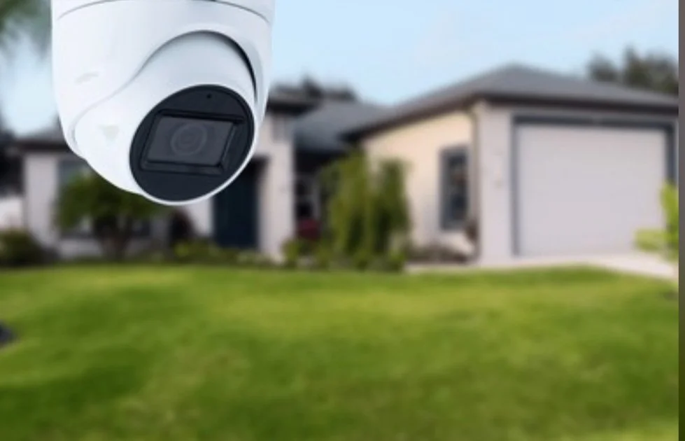 A security camera mounted on the exterior of a house overlooking a front yard with green grass and a modern house in the background.
