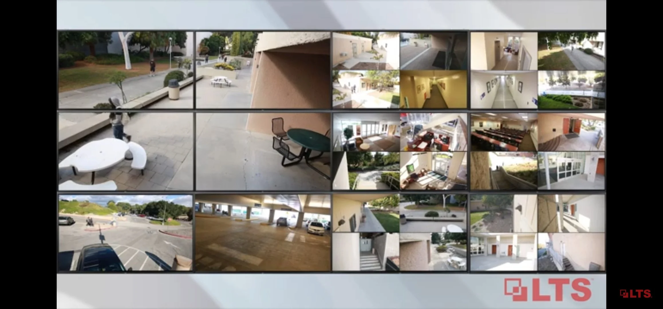 A collage of multiple surveillance camera footage showing various outdoor and indoor scenes, including parking lots, hallways, offices, and building exteriors.