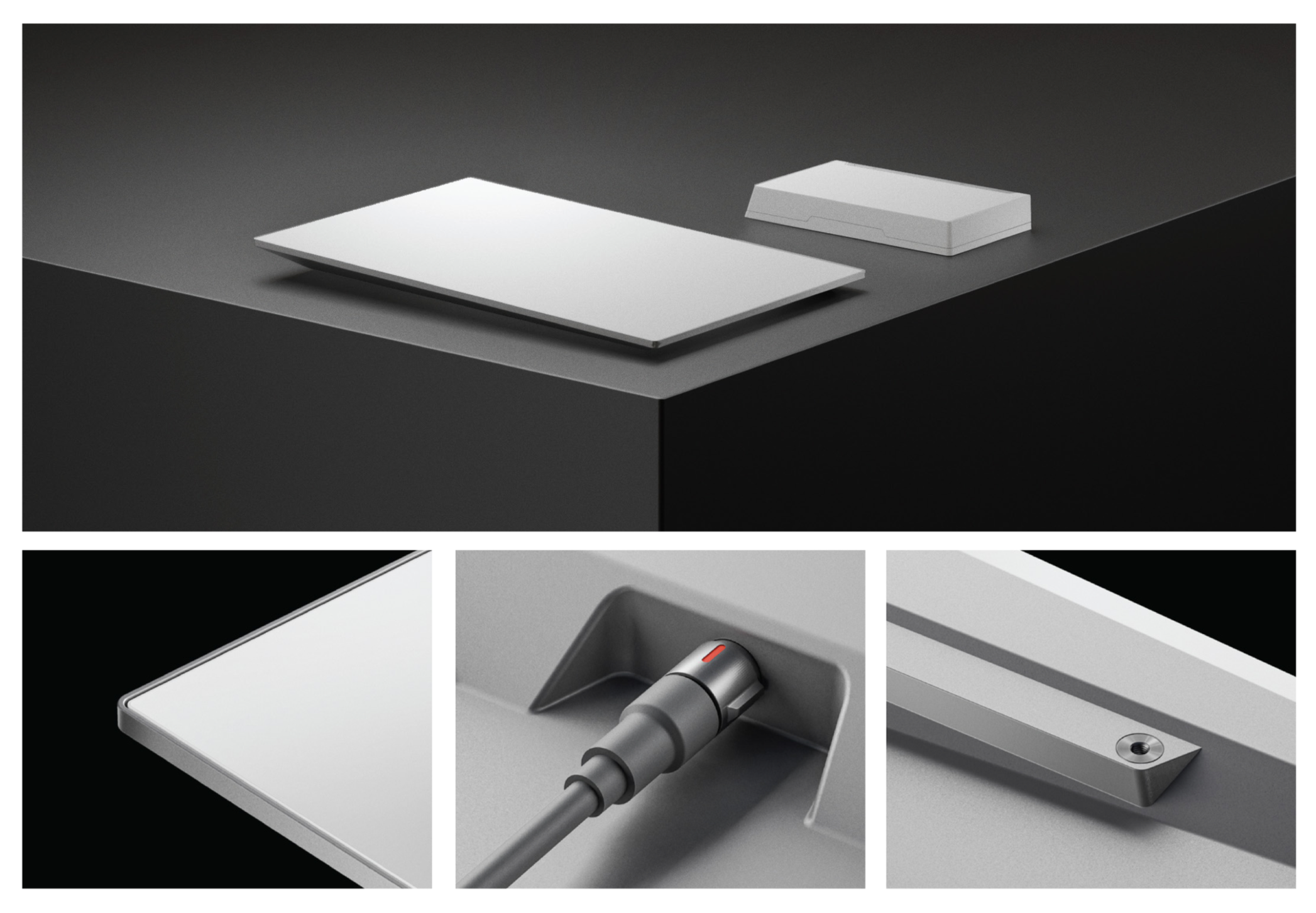 Close-up of a sleek, modern device with a rectangular surface, a small rectangular attachment, a connector port with a cable, and a metal screw.