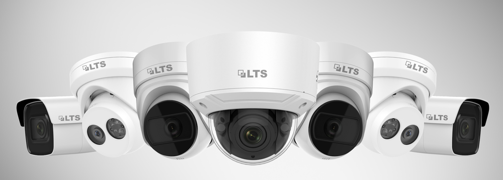 A collection of seven security cameras in white and black, arranged in a semi-circle, with the branded logo 'LTS' visible on the upper parts of some cameras.