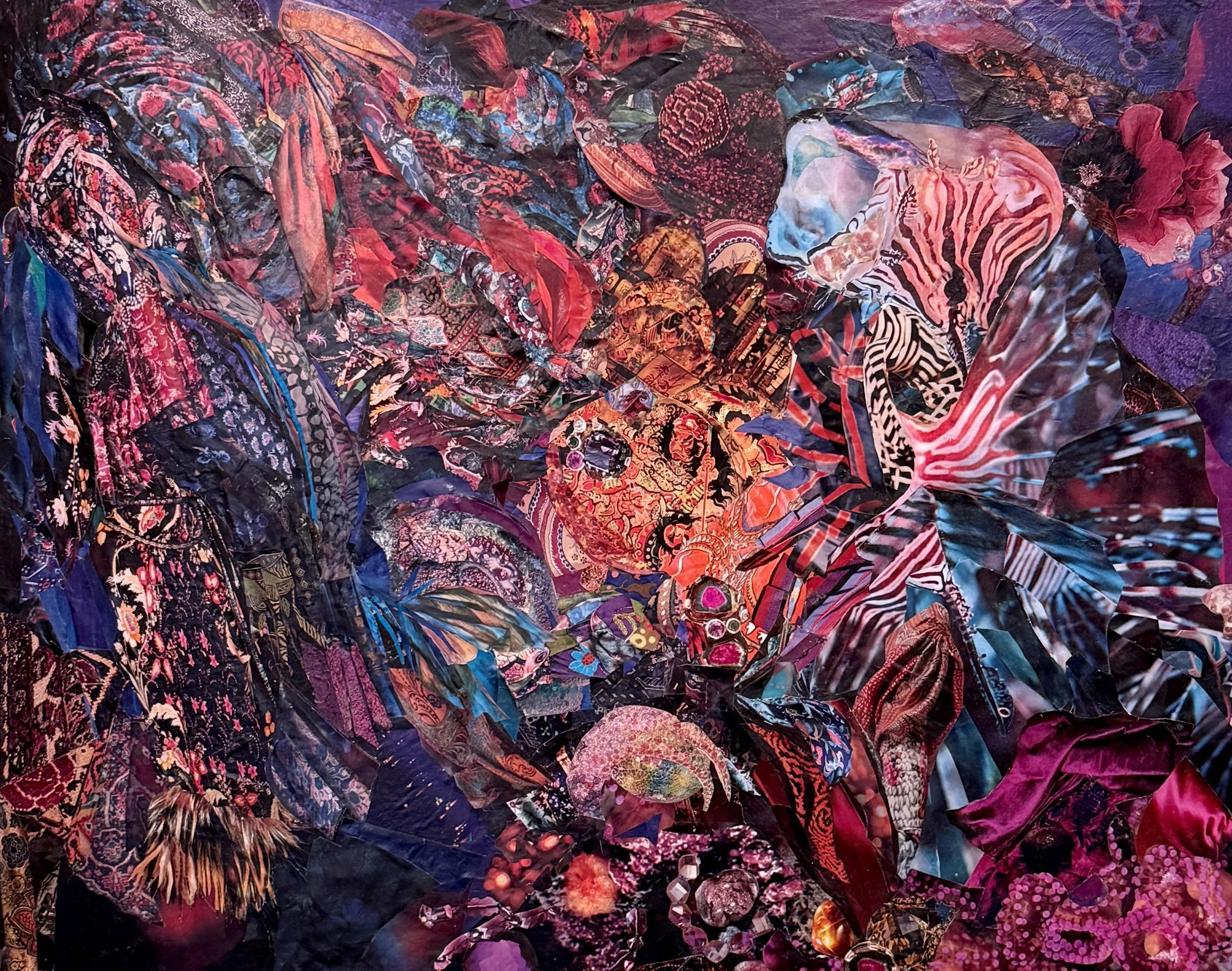 A vibrant collage of colorful fabric pieces and textile patterns, arranged in a layered, abstract mosaic.
