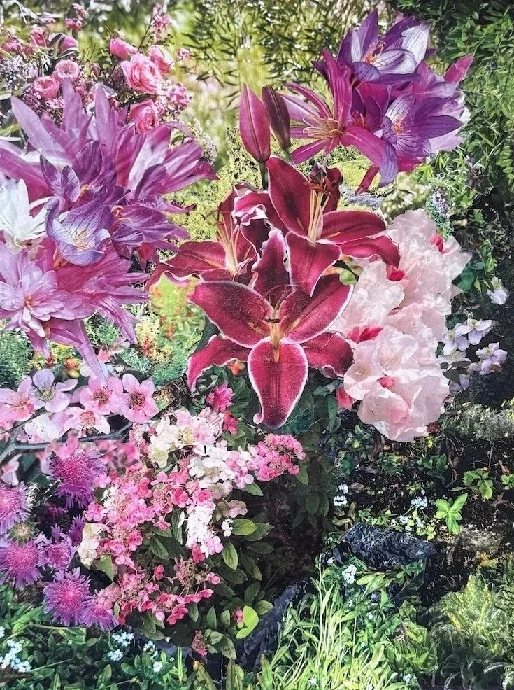 "Ode to the Brooklyn Botanical Garden: Pinks and Greens on the Edge of the Woods". Donna Arking. 2026. 9"x12"  collage painting on canvas board. 