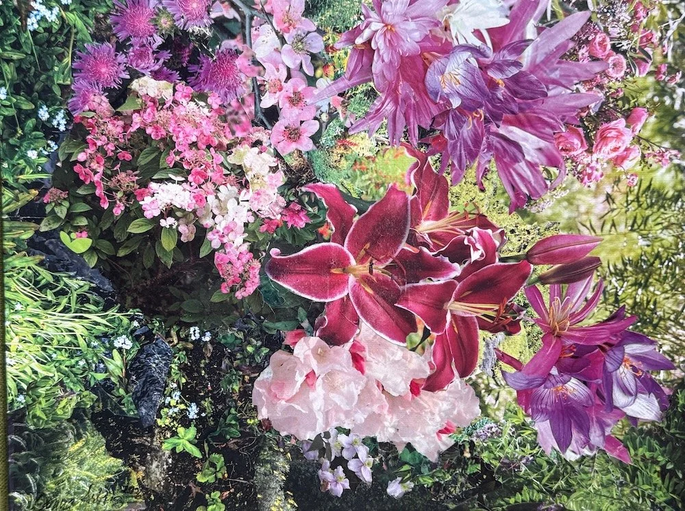 "Ode to Brooklyn Botanical Garden: Pinks and Greens on the Edge of the Woods". Donna Arking. 2026. 9"x12"  collage painting on canvas board. 