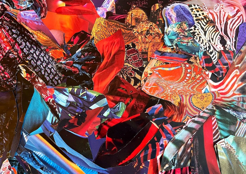 Confluence at the Source". Donna Arking. 2023. 11"x14". Collage Painting on canvas board.
