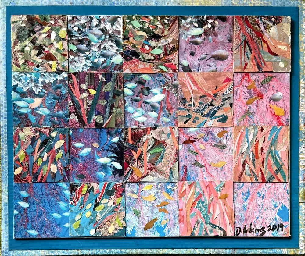 Collage of 16 colorful, abstract, mixed-media paintings featuring fish, coral, and underwater plants, framed with a blue border, signed 'D. Parker 2019'.