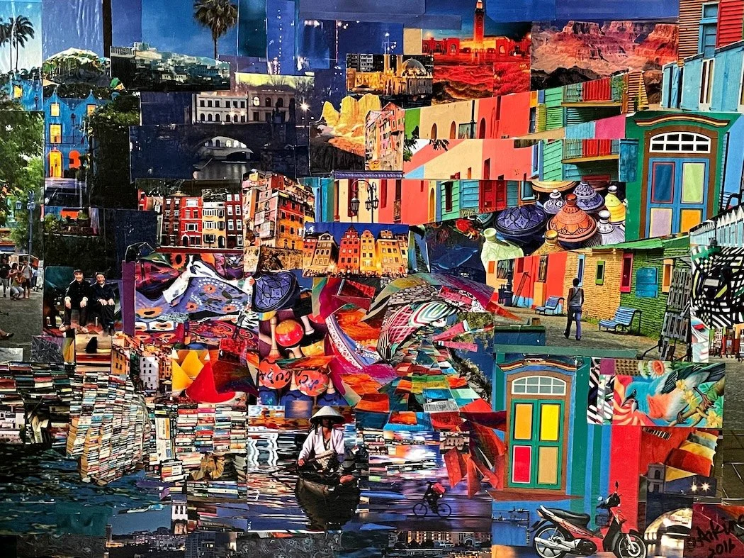 “Hustle Bustle”. Donna Arking. 2016. 12" x 16”.    Collage Painting on canvas board.  Cityscape Series.