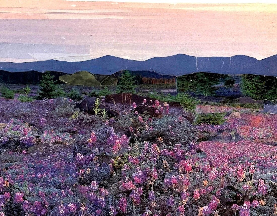 “Prairie Twilight". Donna Arking. 2025. 7 1/2 x 6 3/8”. Collage: cut paper, glued on canvas board.  