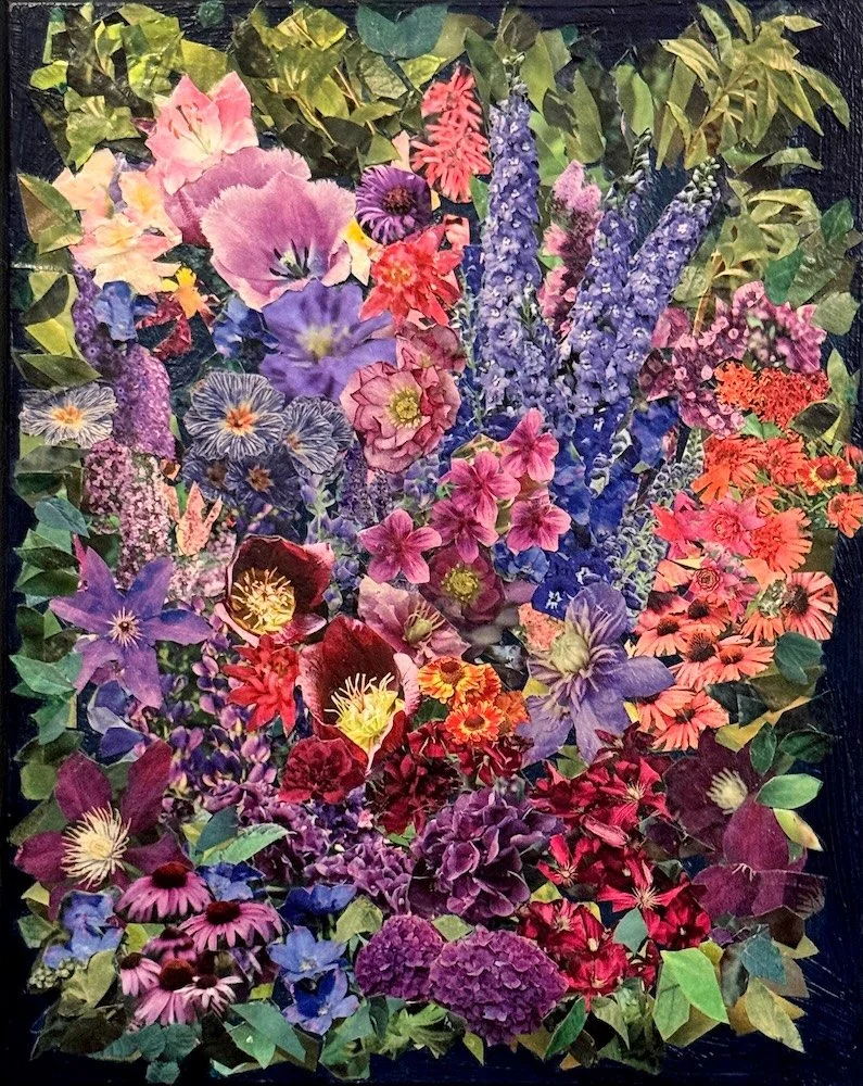 A colorful collage of various flowers and green leaves arranged in a dense pattern.
