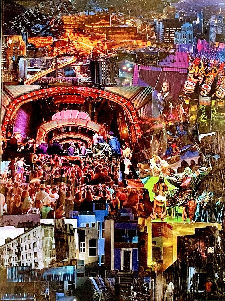 “Brooklyn Nightlife…for Richer and Poorer”. 2023.  9” x 12”   Collage, cut paper, glued on canvas board.  Cityscape Series. Not for Sale.