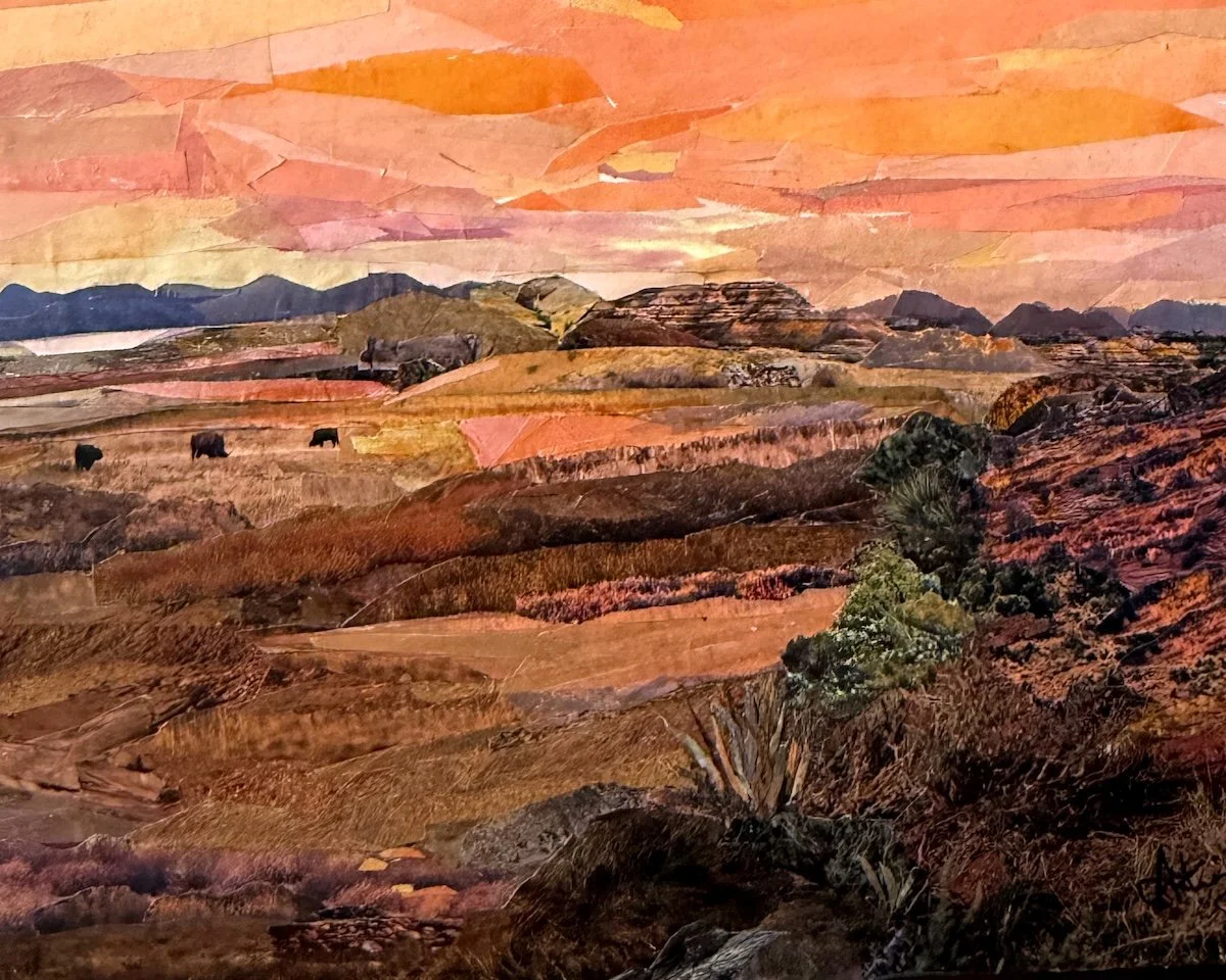“Sunset on the High Plains.” Donna Arking.  2023. 11 x14”.  Cut paper, glued to canvas board.  Landscape Series.