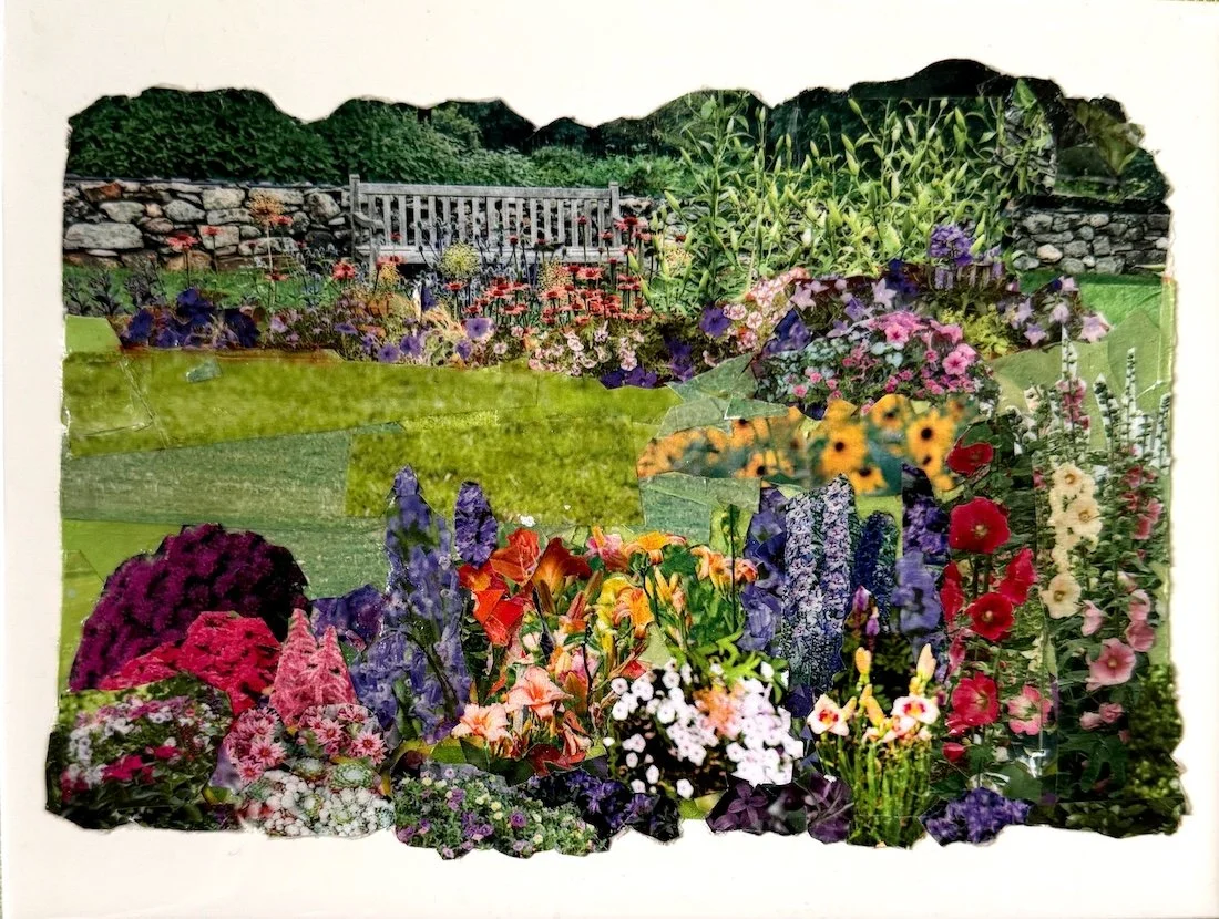 "Sit and Rest Awhile". Donna Arking. 2025. 6"x8" collage painting on ceramic tile.