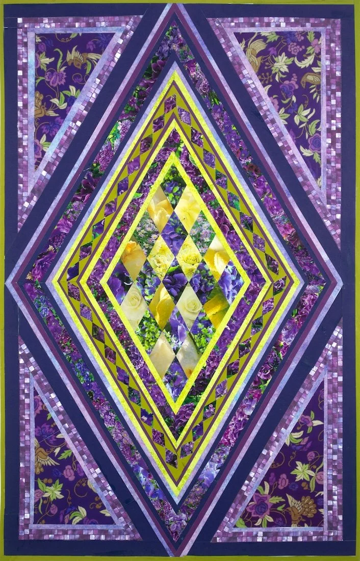 "Diamonds in Bloom" by Donna Arking. 2017. 22"x28". Collage painting on canvas board. Paper Quilts Series.