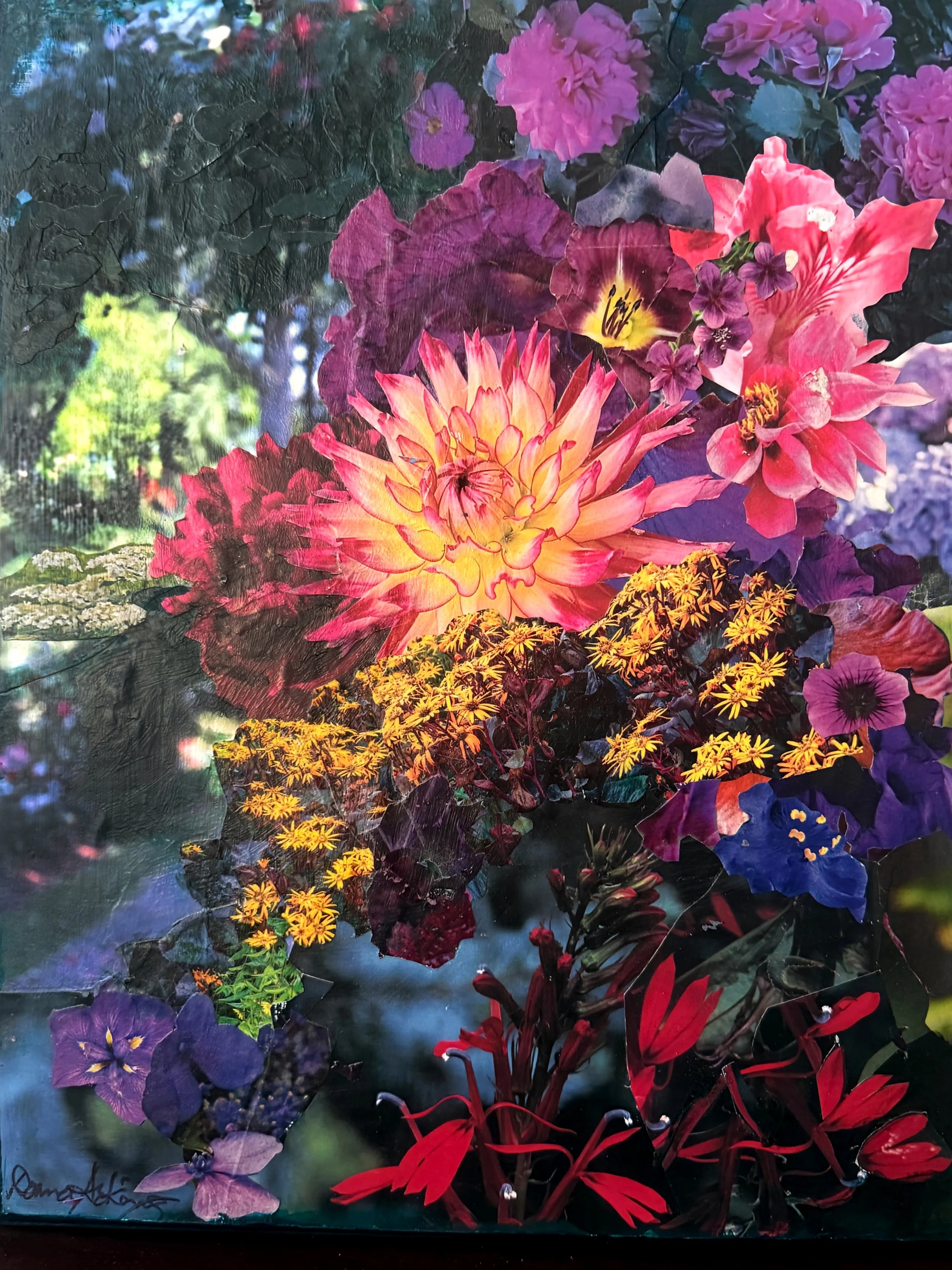  “Floral Opulence”.  Donna Arking. 2023. 11" x14”   Cut paper, glued to wooden board.  