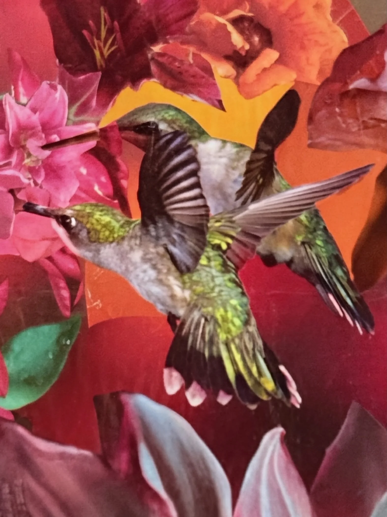 “The Birds:”.  Detail #1 of “Colors Hummingbirds Love.”  (about 8 x 8”). 2025. 