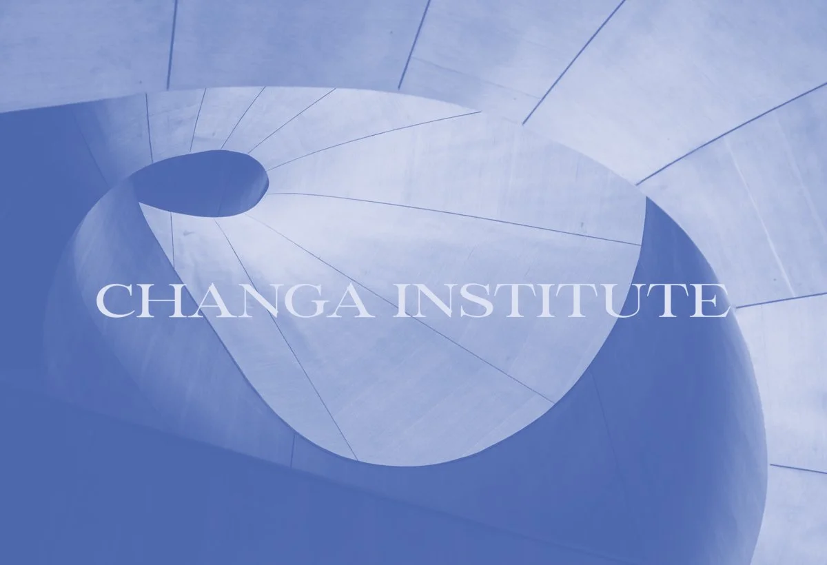 A spiral staircase viewed from below with light blue and dark shadows, and the text 'Changa Institute' overlaid.