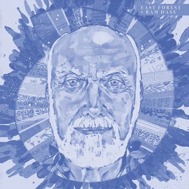 A stylized blue-toned portrait of an older man with a beard, surrounded by a circular pattern of newspaper clippings and abstract paint splashes, with text indicating 'East Forest x Ram Dass' in the top right corner.