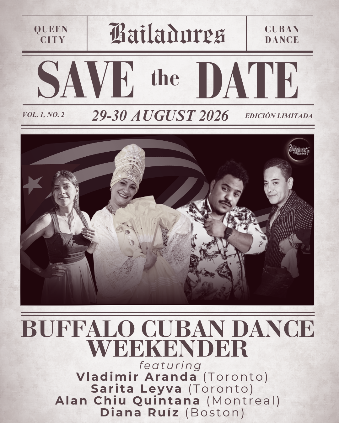 Poster for Buffalo Cuban Dance Weekender event scheduled for August 29-30, 2026, featuring performers Vladimir Aranda, Sarita Leyva, Alan Chiu Quintana, and Diana Ruiz, with images of diverse dancers or performers and a Cuban flag in the background.