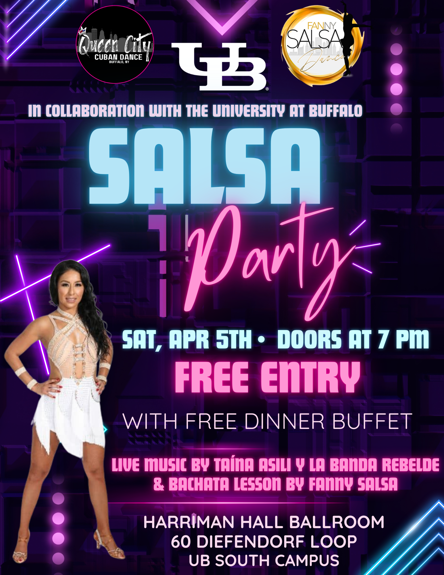 Neon-lit poster advertising a salsa dance party in collaboration with the University at Buffalo, featuring a photo of Fanny Salsa, event details including date, time, location, live music, and free entry.