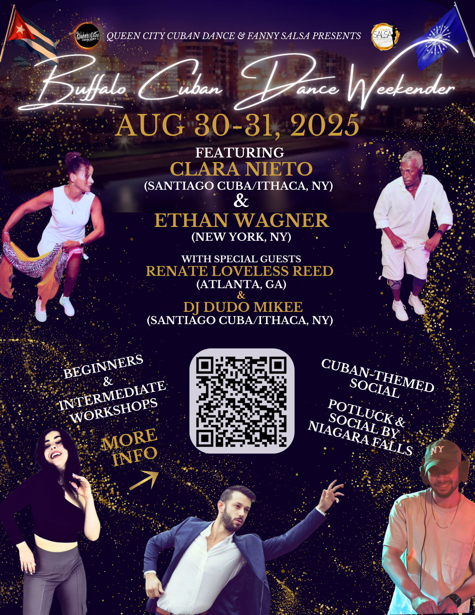 Event poster for the Buffalo Cuban Dance Weekend on August 30-31, 2025, featuring performances by Clara Nieto from Santiago Cuba and Ithaca NY, Ethan Wagner from New York, NY, with guests Renate Loveless Reed of Atlanta, GA, and DJ Dudo Mkee from Santiago Cuba/Ithaca NY. The poster has a dark starry background with images of dancers, socializing, and a QR code for more info.