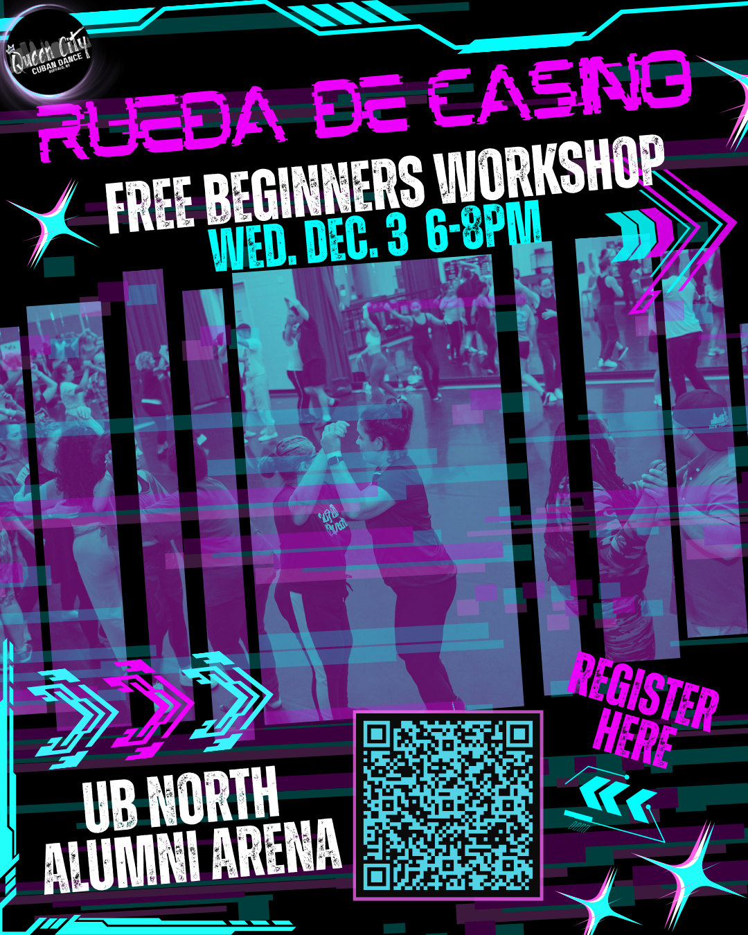 A colorful event poster for a free beginner salsa workshop at UB North Alumni Arena on Wednesday, December 3rd from 6 to 8 PM. The poster has a digital glitch style with a photo of people dancing and socializing inside a dance studio. It includes a QR code for registration and vibrant arrow graphics.