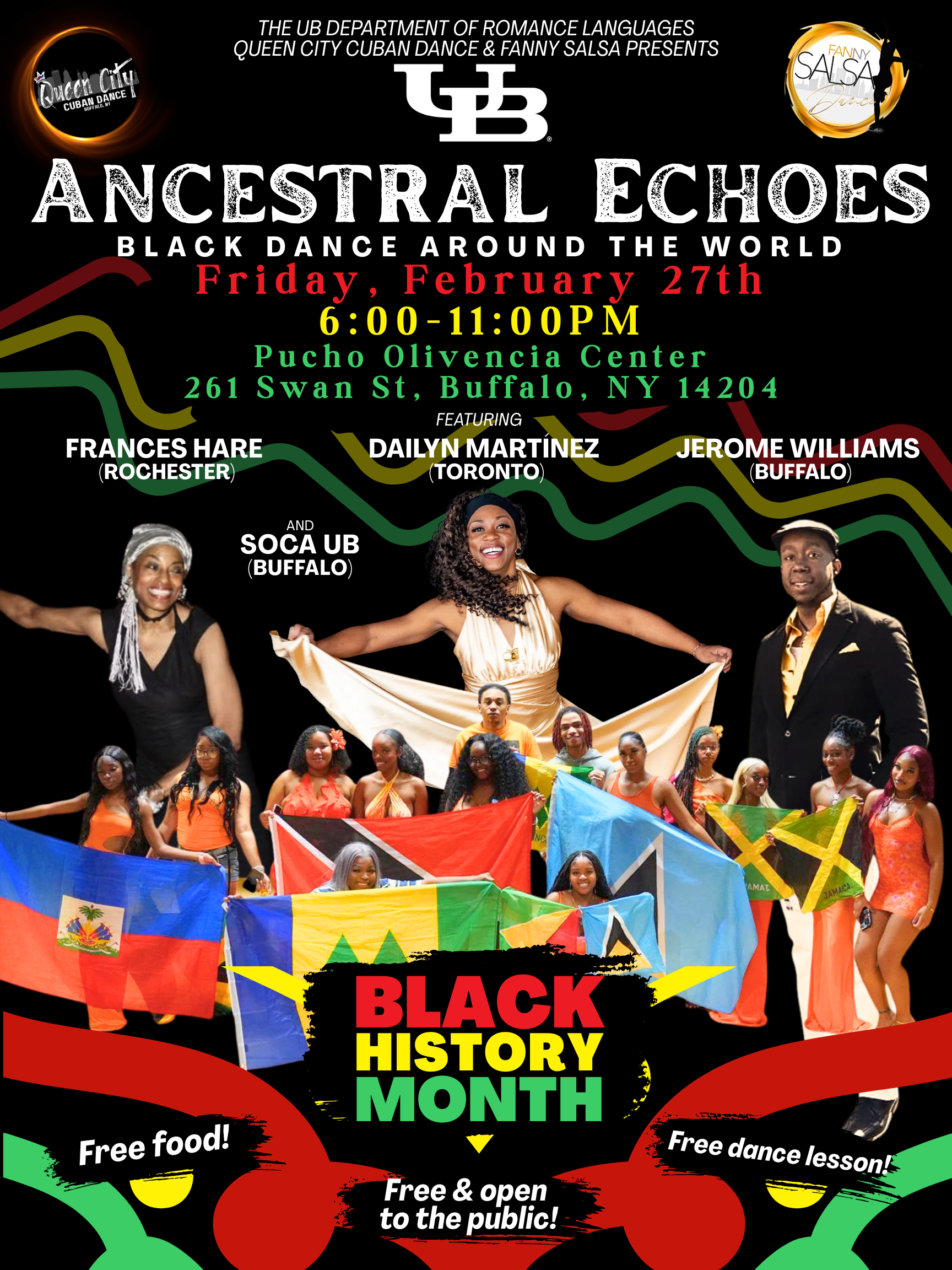 Event poster for 'Ancestral Echoes: Black Dance Around the World,' a celebration of Black History Month in Buffalo, NY, featuring dancers and performers with flags from various countries, scheduled for February 27th from 6:00 to 11:00 PM at Pucho Olivencia Center, with free food, dance lessons, and open access to the public.
