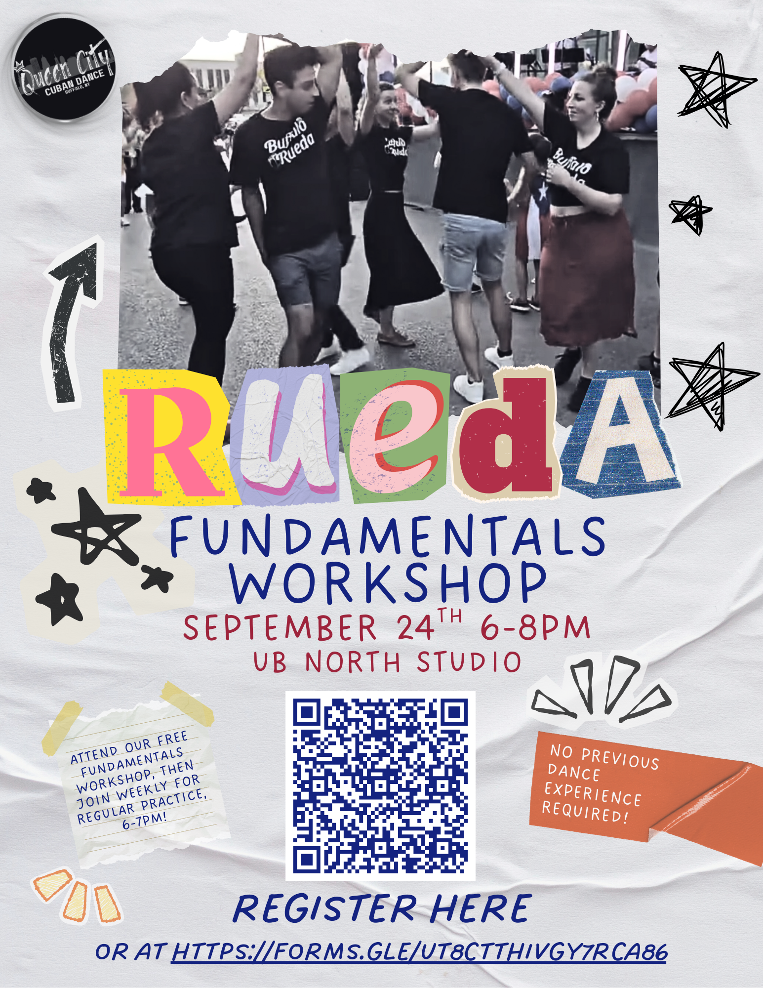 Poster for a Reda Fundamentals Workshop featuring a background photo of people dancing outdoors, with colorful text and decorative elements promoting the event on September 24th from 6-8 PM at UB North Studio, including a QR code and registration link.