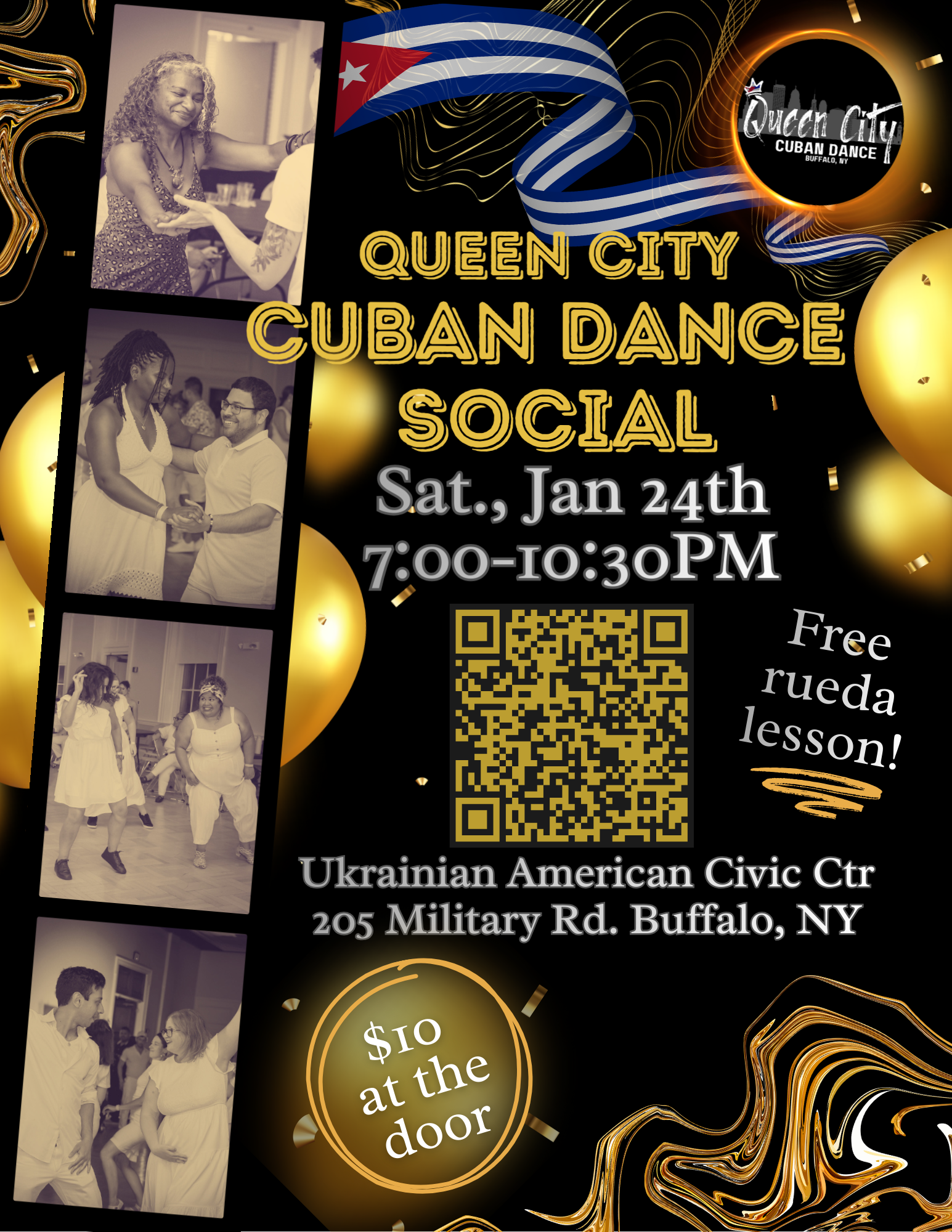 Event flyer for Queen City Cuban Dance Social on Saturday, January 24th from 7:00 to 10:30 PM at the Ukrainian American Civic Center, 205 Military Rd., Buffalo, NY. The flyer features images of people dancing and socializing, with gold balloons and decorative elements. It mentions free rueda lessons and a $10 door fee, with a QR code for more information.