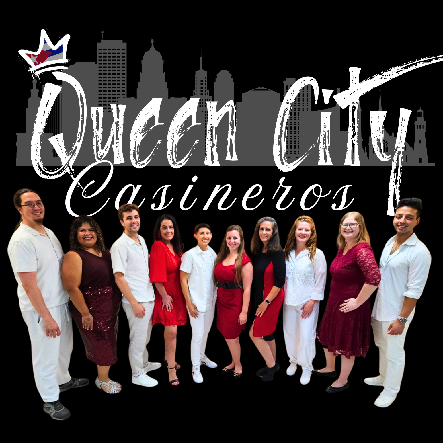 Group photo of nine people standing in front of a black background with a skyline silhouette and the text 'Queen City Casineros' in stylish font, with some individuals smiling and dressed in various professional and casual outfits, including some in white and red clothing.