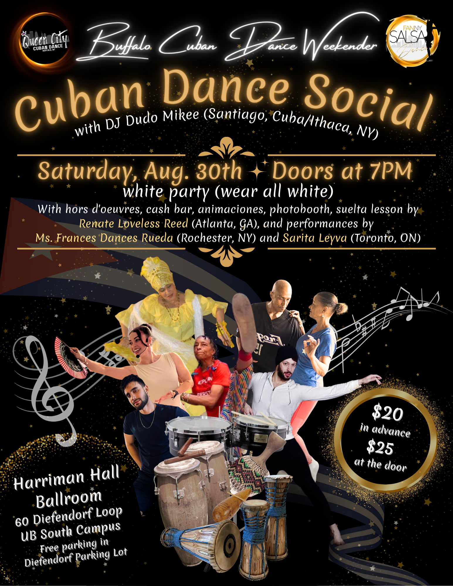 Flyer for a Cuban Dance Social event with details about date, location, dress code, performances, and music, featuring images of dancers and drums.