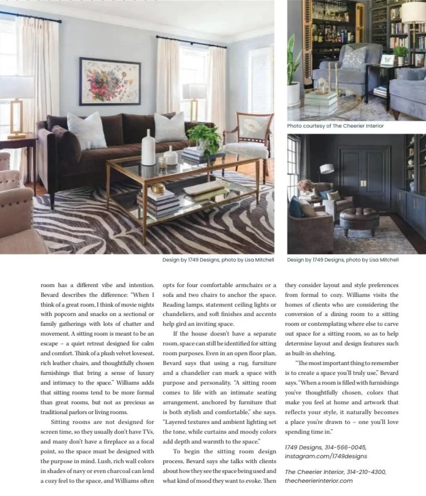 Three interior living spaces with different furniture styles and decor. The largest features a brown sofa, framed artwork, and striped rug. The second has blue armchairs, bookshelves, and plants, while the third contains dark walls, a small seating a