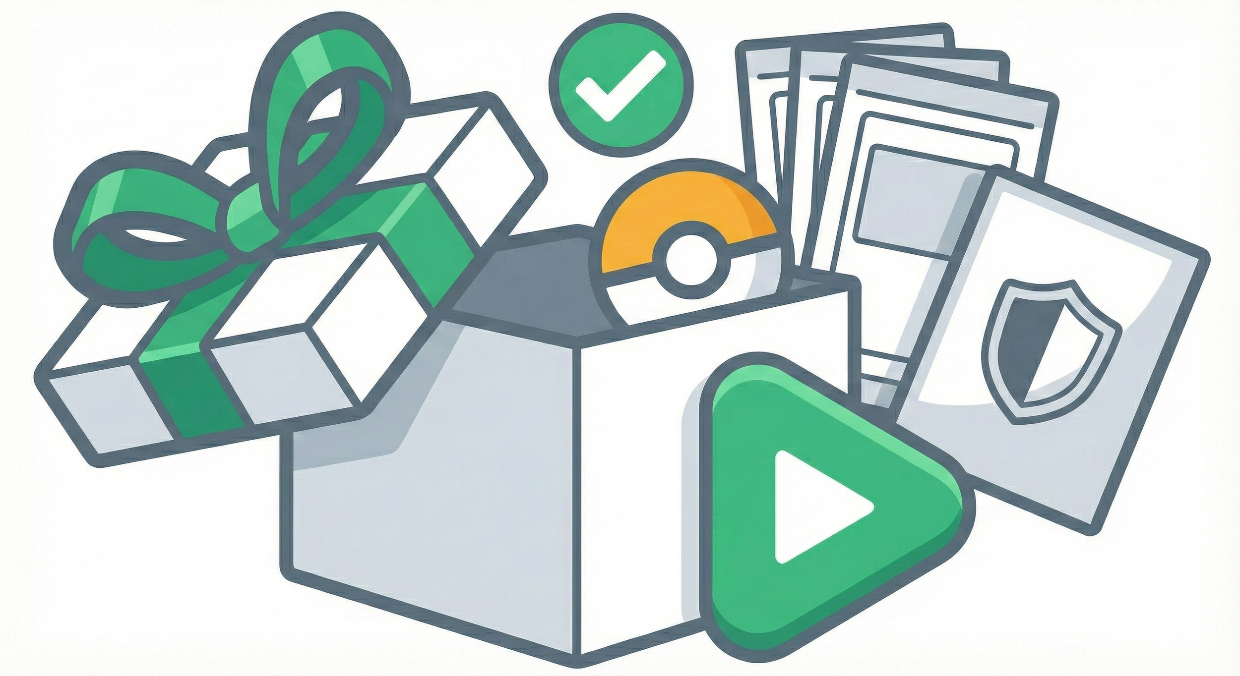 Illustration of a box filled with downloadable digital content such as videos, photo files, music discs, and security shields, representing digital media and online security.