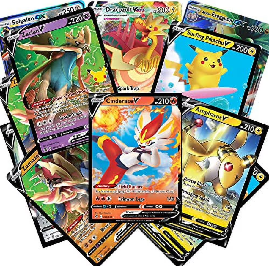 Collection of Pokémon trading cards featuring various characters, including Solgaleo, Zacianc V, Dragapult Vmax, Pikachu, Cinderace V, Zamazenta, and Ampharos V, displayed in a fanned arrangement.