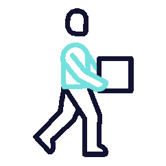 Person walking with a laptop in hand, depicted in a simplified line drawing.