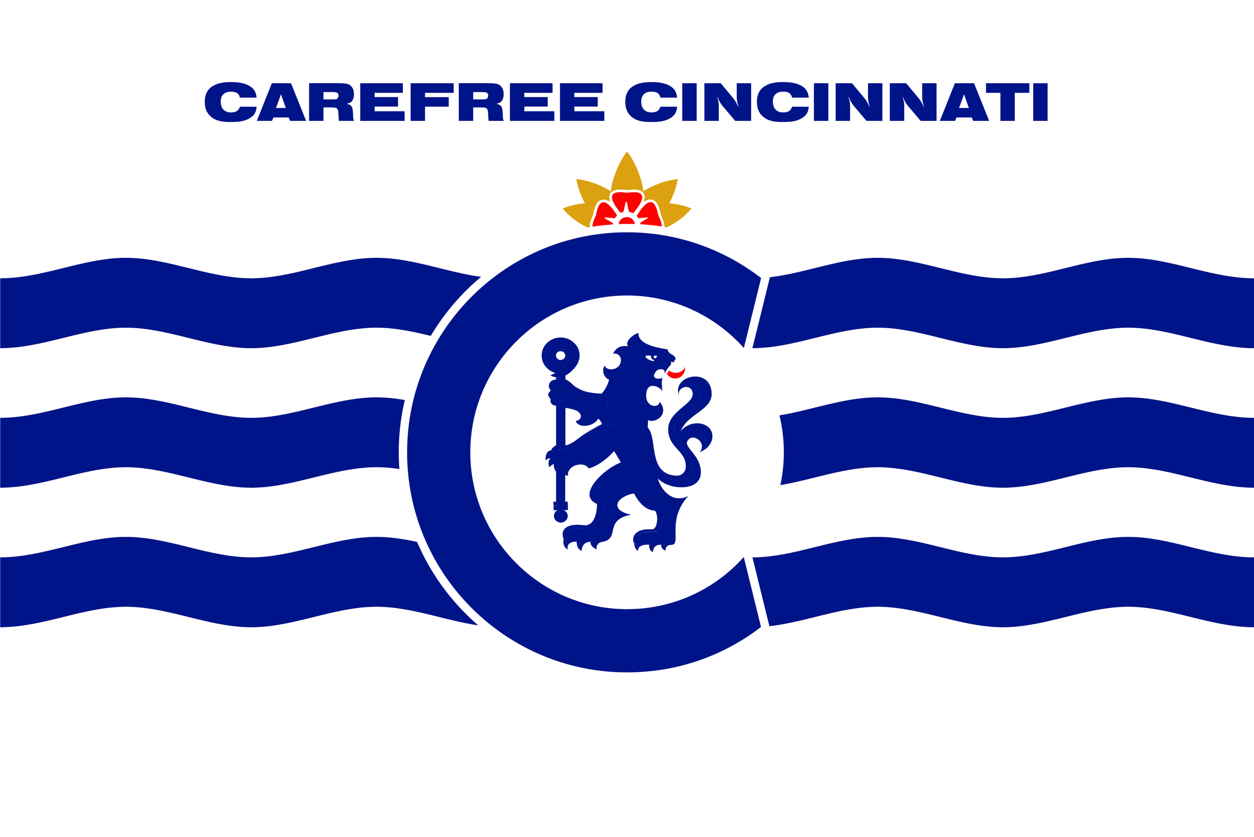 Logo with a blue lion holding a key inside a blue circle, above wavy blue and white lines, and the text 'Carefree Cincinnati' at the top.