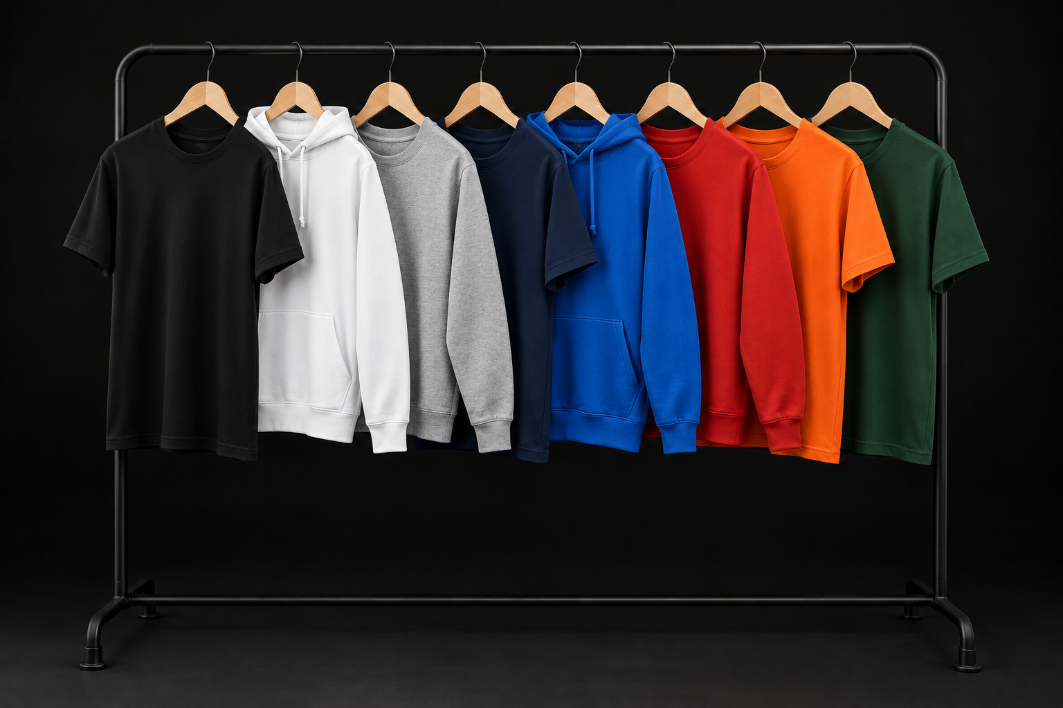 A clothing rack with eight t-shirts and hoodies in black, white, gray, navy, royal blue, red, orange, and green, hanging against a black background.