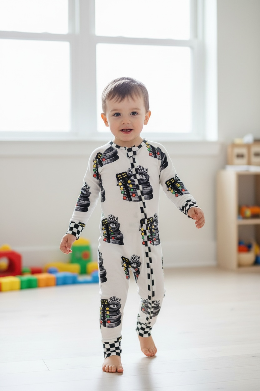 Infant & Toddler Bamboo Zip Romper – Racing Tree & Slicks Print