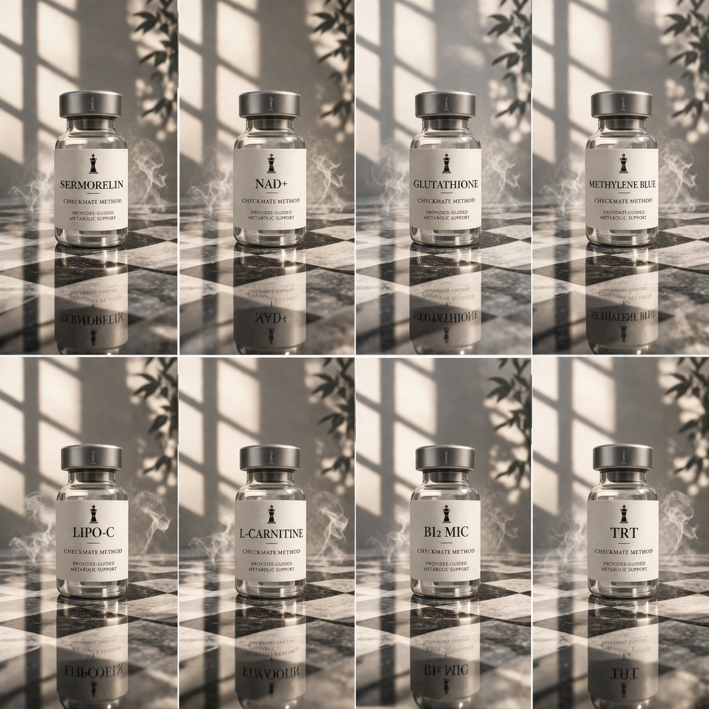 Arriving April 2026     |   Sermorelin-
Recovery, Sleep Support      |      

NAD+-
Cellular Energy Support     |  

Glutathione-
Antioxidant, Detox Support     |  

Methylene Blue-
Cognitive, Cellular Support     |  

Lipo-C-
Metabolic, Energy Suppo