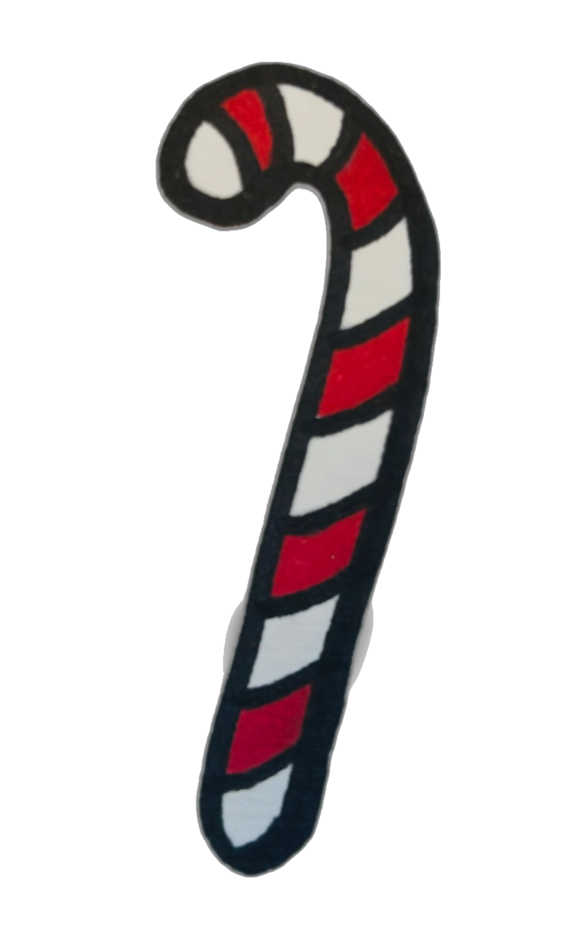 A candy cane-shaped object decorated with red and white stripes, outlined in black, set against a black background.
