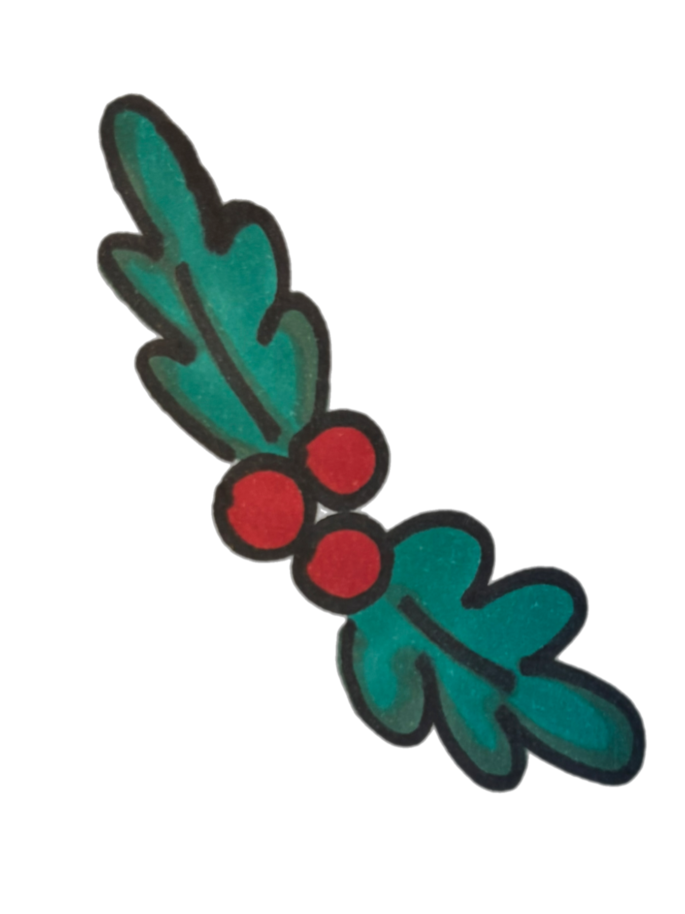 A festive holiday decoration featuring green holly leaves with black outlines and three red berries in the center.