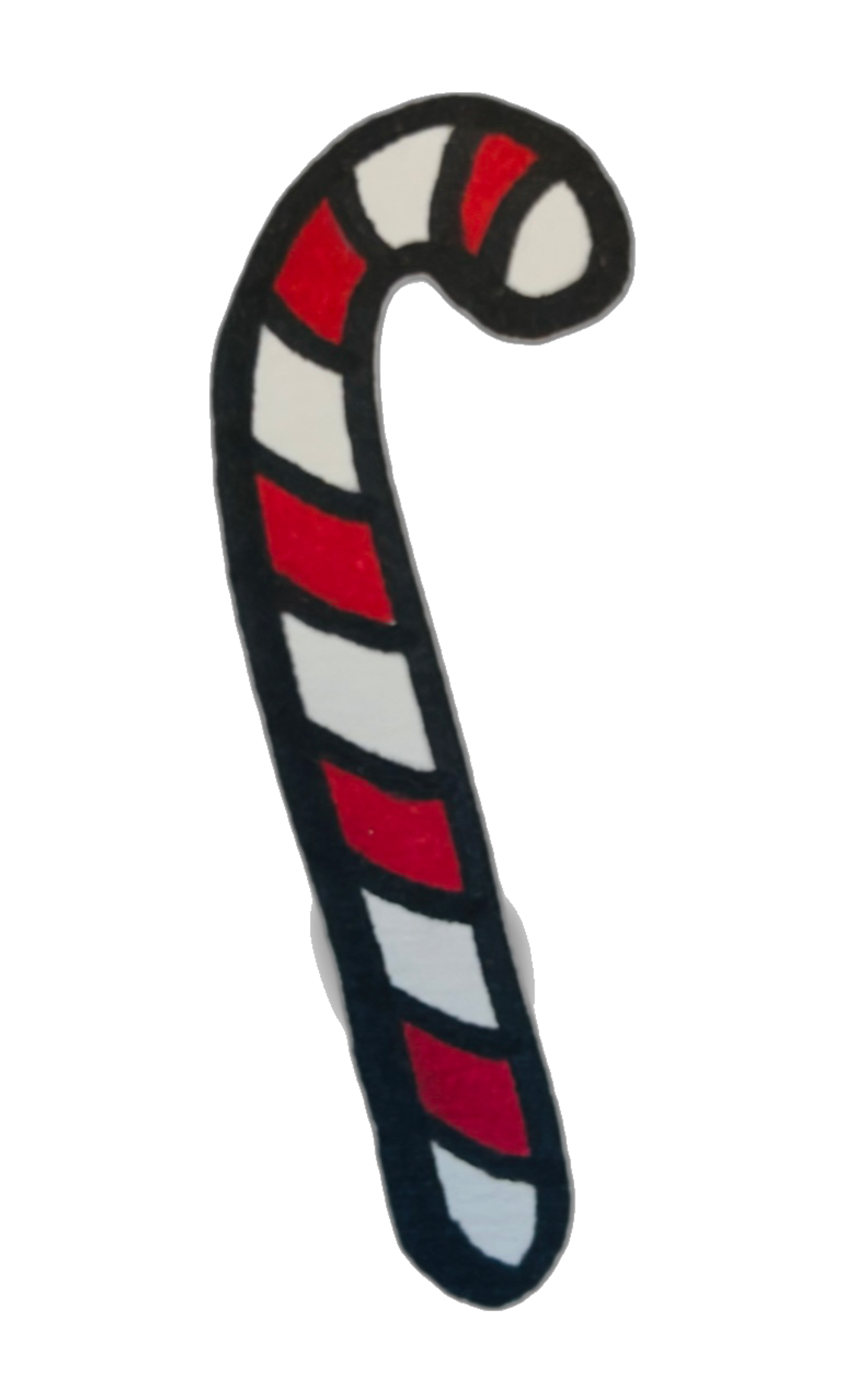A decorative candy cane with red, white, and black stripes, set against a black background.
