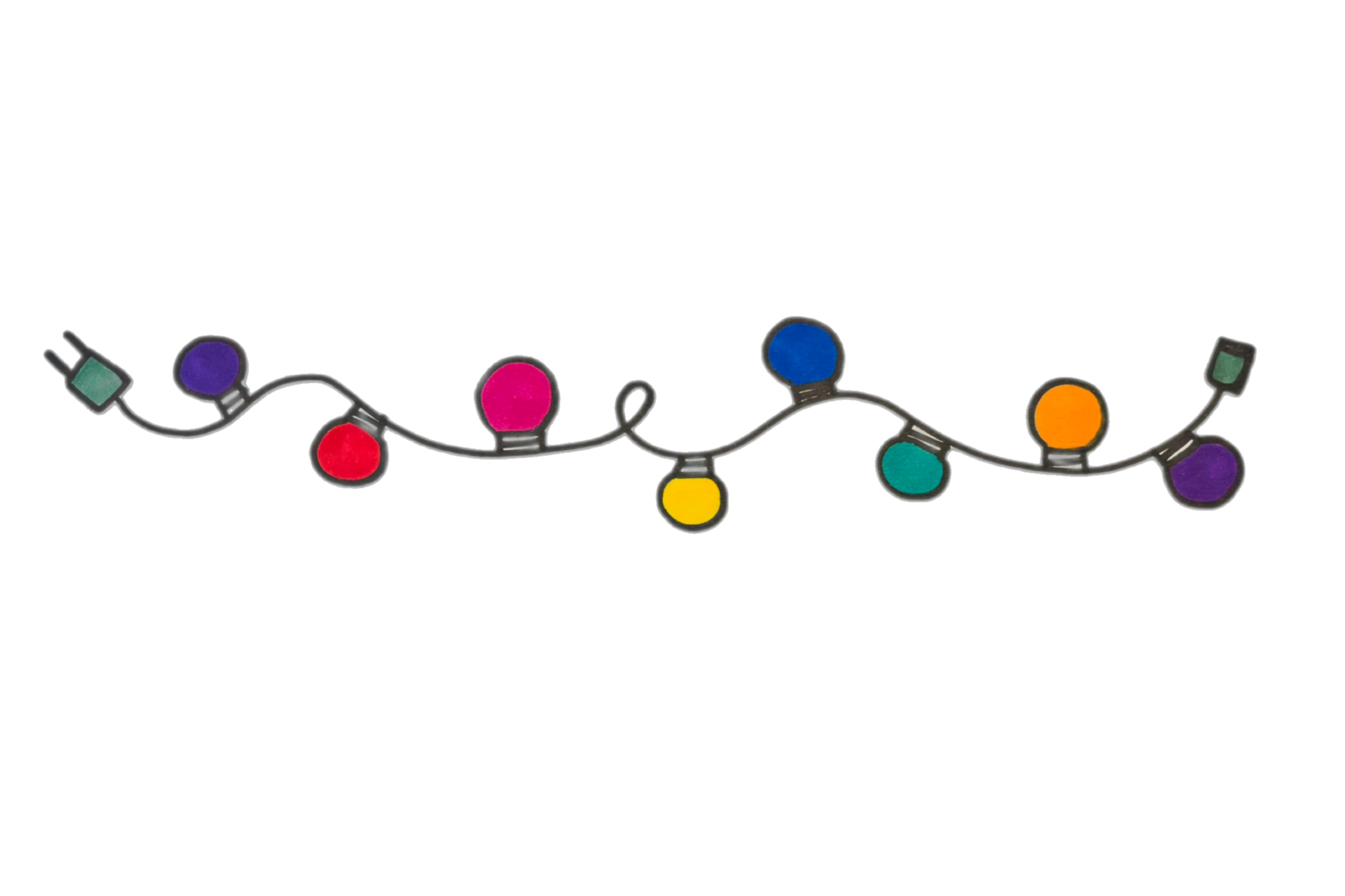 String of multicolored Christmas lights on a black background.