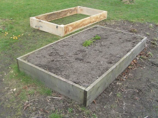A new wooden garden bed frame filled with soil in a backyard with grass and patches of dirt.