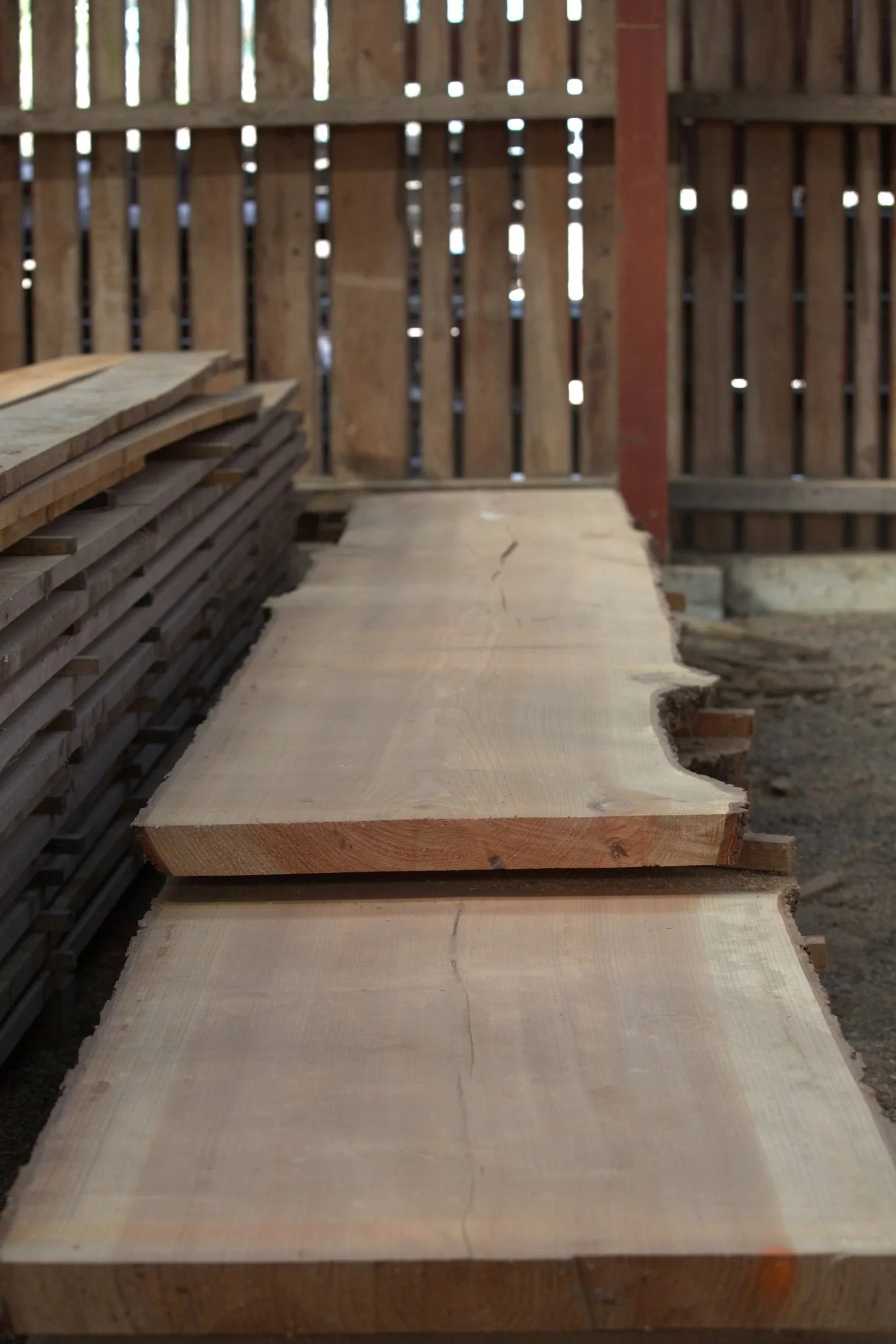 A piece of wood with natural bark edges leaning against a red wooden fence on gravel ground.