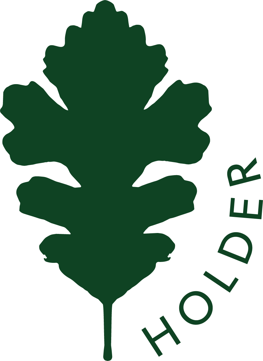 Holder Land Management logo. Green oak leaf with the words 'HOLDER' wrapped around its side.