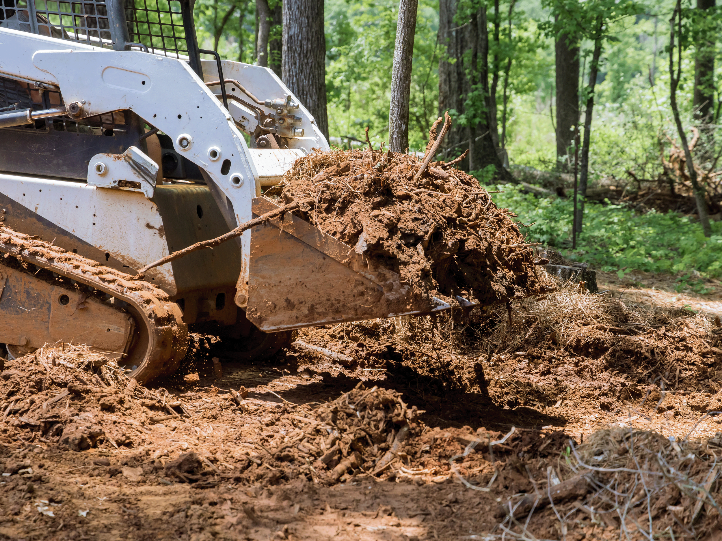 A construction vehicle with a bucket attachment moving dirt and roots in a wooded area.