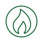 Green circle with a flame icon inside representing prescribed burning services.