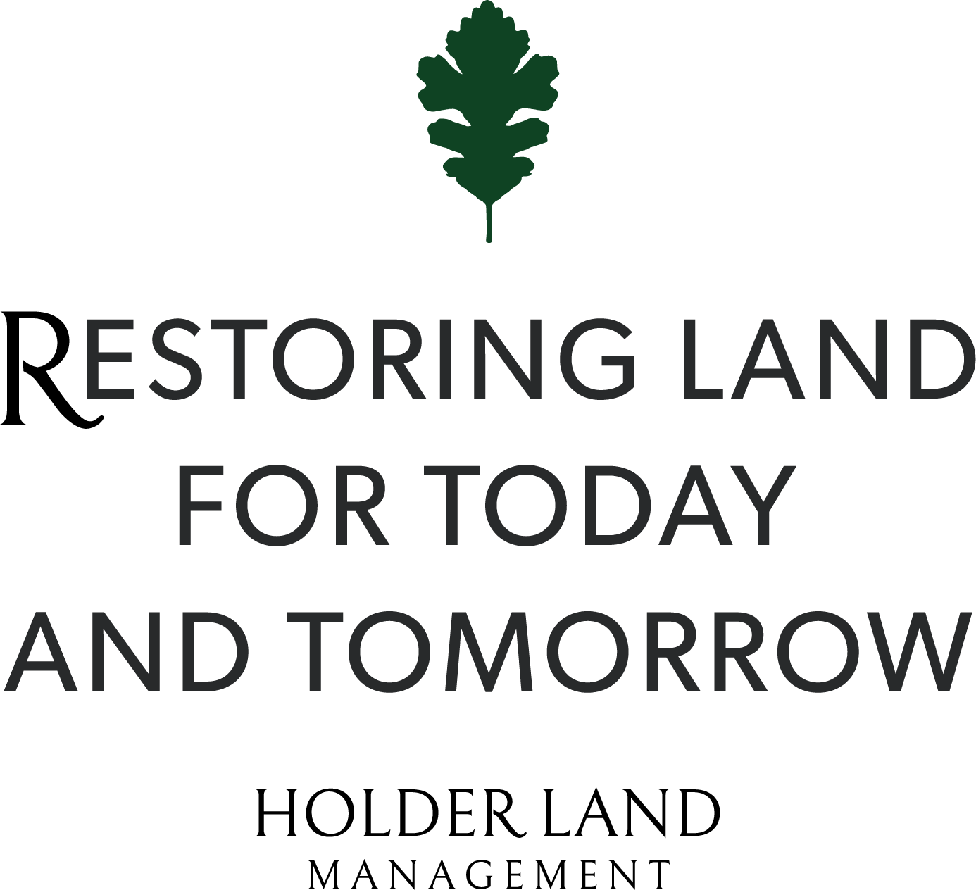 Logo of Restoring Land with a green leaf icon and the text "Restoring Land for Today and Tomorrow". Holder land Management logo, Auburn, Alabama.