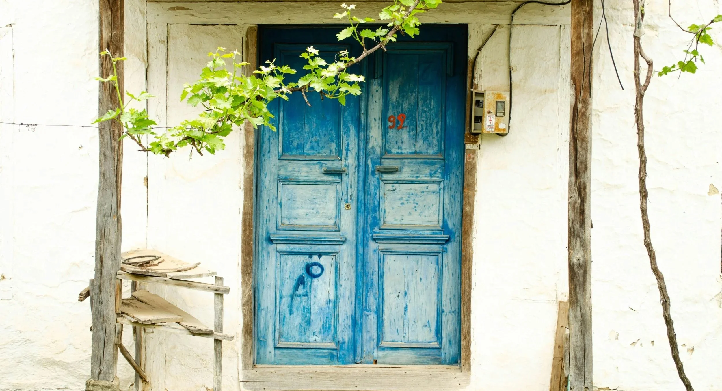 Old blue wooden door with peeling paint, set in a white stucco wall, numbered 96 in red. There is a small window or peephole at the bottom of the door and graffiti near the bottom. Surrounding the door are two vertical wood beams and some green vines. To the right of the door is an electrical box mounted on the wall.