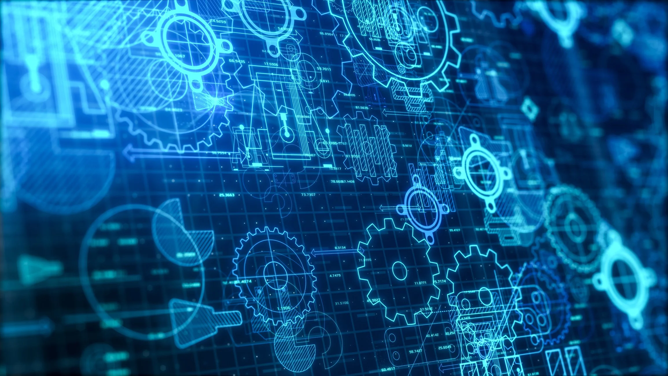 Digital blueprints of gears, charts, and mechanical parts.